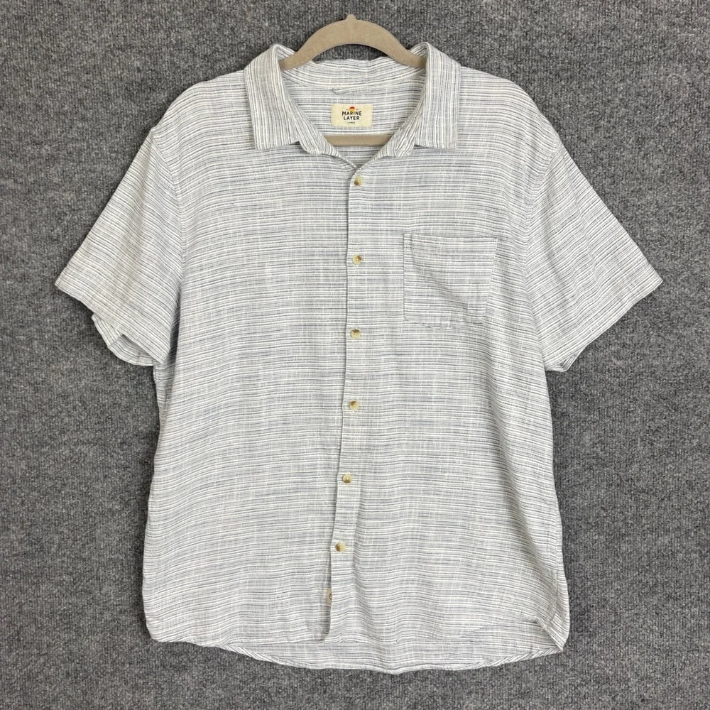 Marine Layer Button Down Shirt Mens Large White Excellent Short Sleeve Striped